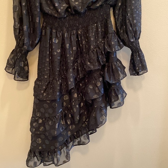DO+BE x Revolve Sheer Asymmetrical Polka Smock Ruffle Tiered Black Dress SMALL - Picture 1 of 11